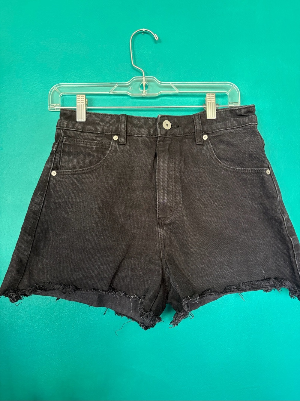 Abrand Black High-Rise Frayed Hem Denim Shorts